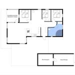 Wohnung mit drei Schlafzimmern, Küche, Bad und überdachter Terrasse.