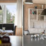 Wohn- und Essbereich mit Holzwänden, Fenster und Schrank. Tische, Stühle und Lampen sichtbar.