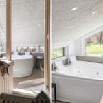 Dusche und Whirlpool mit Holzbank und Fensterblick