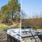 Terrasse mit Whirlpool, Sonnenliegen und Blick auf Gras und Bäume.