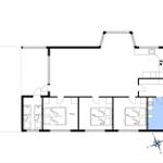 Wohnung mit vier Schlafzimmern, Küche und Bad. Flur mit markiertem Privatbereich.