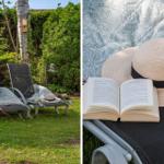 Zwei Liegestühle im Garten mit Buch und Hut. Hintergrund: grüne Hecke und Birke.