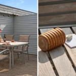 Terrasse mit Tisch und Stühlen, daneben Würfel und Brettspiel auf Holztisch.