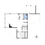Wohnung mit Küche, Bad, zwei Schlafzimmern und Wohnbereich mit Kompassausrichtung.