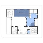 Plan zeigt Wohnfläche mit Pool, Schlafzimmer und Badezimmer.
