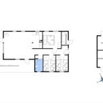 Geschossplan mit Wohnbereich, Küche, Schlafzimmer und überdachter Terrasse.