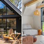 Holzveranda mit Sitzgelegenheiten und Blick in das Haus. Innen: Wohnbereich mit Sofa, Kamin und Glasfront.