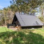 Moderne Holzhütte mit dunklem Dach und Terrasse im Wald. Grasfläche und Bäume umgeben das Haus.