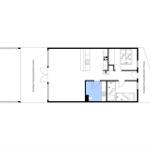 Funktionaler Grundriss mit Küche, Schlafzimmer und Bad. Überdachte Terrasse vorhanden.