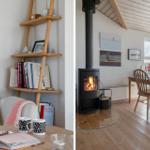 Living area with sofa, bookshelf, and table. Dining area with wooden table, chairs, and wood stove.