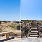Holzbank und Treppe führen zu einem Strandhaus mit Blick auf die Dünen.