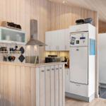 Küche mit weißen Schränken, Kühlschrank und Holzwandverkleidung.