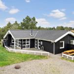 Schwarzes Holzhaus mit weißem Rahmen, Terrasse und Picknicktisch im Gras.