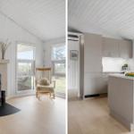 Wohnzimmer mit Kamin und Schaukelstuhl. Küche mit Kücheninsel und Fenster.