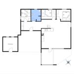 Apartment with three bedrooms, kitchen, and bathroom. One room is marked blue.