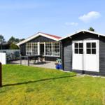 Schwarze Holzhütte mit weißer Tür und Terrasse. Grünflächen und Bäume umgeben das Haus.