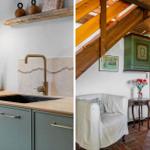 Kitchen with wooden cabinet and sink. Living area with armchair and wooden ceiling.