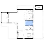 Apartment with three bedrooms, kitchen, and bathroom. Outdoor area with garage.