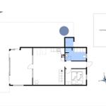 Stueplan zeigt Wohnraum, Küche, Bad und Schlafzimmer mit Carport.