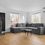 Wohnzimmer mit grauem Sofa, Kamin und Holzboden. Zwei Fenster und Wandklimaanlage.
