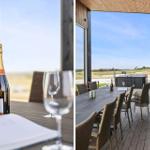 Tisch mit Champagner und Gläsern auf Terrasse mit Blick auf Landschaft.