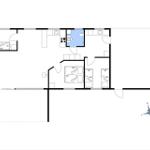 Apartment with kitchen, bathroom, and three bedrooms. Large living area with window.
