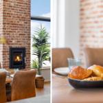 Esszimmer mit Kamin, Tisch und Stühlen sowie einer Pflanze. Auf dem Tisch stehen Croissants.