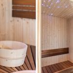 Sauna mit Holzbank und LED-Beleuchtung. Holzschale und Löffel auf Tisch.