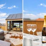 Terrasse mit Whirlpool, Grill und Sitzgelegenheiten. Flasche Champagner und zwei Gläser.