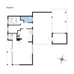 Floor plan shows living area with kitchen, bathroom, and bedroom.