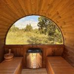 Sauna mit Holzwand und großem Bogenfenster auf Wald