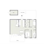 The apartment has two bedrooms, a kitchen, bathroom, and terrace.