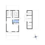 Apartment with three bedrooms, kitchen, and shower. Adjacent rooms are sheds.