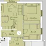 Dieses Haus hat einen Balkon, Wohn- und Essbereich, Schlafzimmer, Kinderzimmer, Bad und Diele.