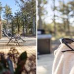 Holzterrasse mit Liegestühlen und Blick in den Wald. Sonnenbrille auf Handtuch.