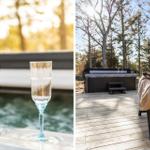 Zwei Gläser Wasser am Whirlpool. Holzterrasse mit Liegestuhl und Hot Tub im Wald.