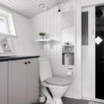 Bathroom with toilet, sink, and mirror. Door leads to shower.