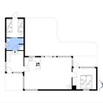 Apartment with two bedrooms, kitchen, and bathroom. Floor plan with dimensions.
