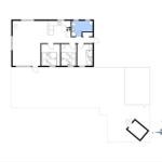 Apartment with three bedrooms, kitchen, and bathroom. Outdoor area with grill spot.