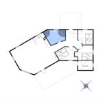 Apartment with kitchen, bathroom, two bedrooms, and garage.