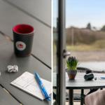 Table with dice, cup, and notepad outdoors.