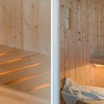 Sauna mit Holzwand und Sitzbänken. Ein Handtuch liegt auf der untersten Bank.