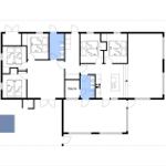 Gesamtplan einer Ferienwohnung mit Sauna, Küche und mehreren Schlafzimmern.