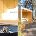 Holzkonstruktion mit Sitzbank und Feuerkorb im Freien