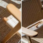 Wohnzimmer mit geflochtenem Sessel und Teppich aus Naturmaterialien.