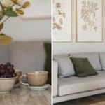 Grauer Sofa mit Kissen, Tisch mit Tasse und Trauben, Wand mit Pflanzenbildern