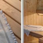 Holzsauna mit Bank und Deckenboden. Weiße Decke liegt auf der Bank.
