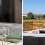 Whirlpool mit Sekt und Gläsern auf Terrasse mit Blick auf Wiese und Hügel.