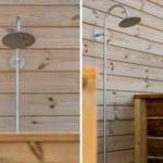 Außen-Dusche mit Duschbrause an Holzwand