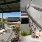 Terrasse mit Hängesessel und Sofa unter Dach. Blick auf Garten und Nachbarhaus.